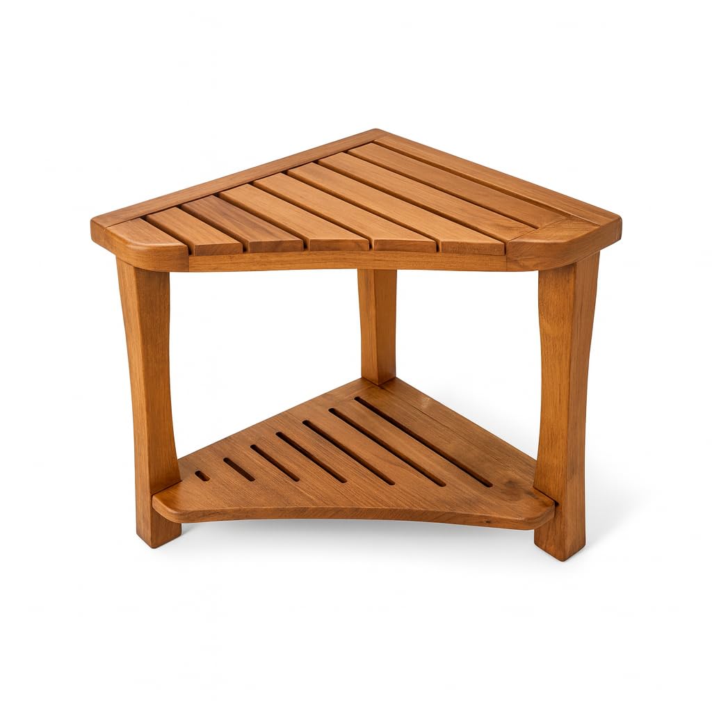 Teak Corner Shower Bench with Storage Shelf K438563