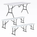 White Granite Fold-in-Half Table with 2 Folding Benches K636