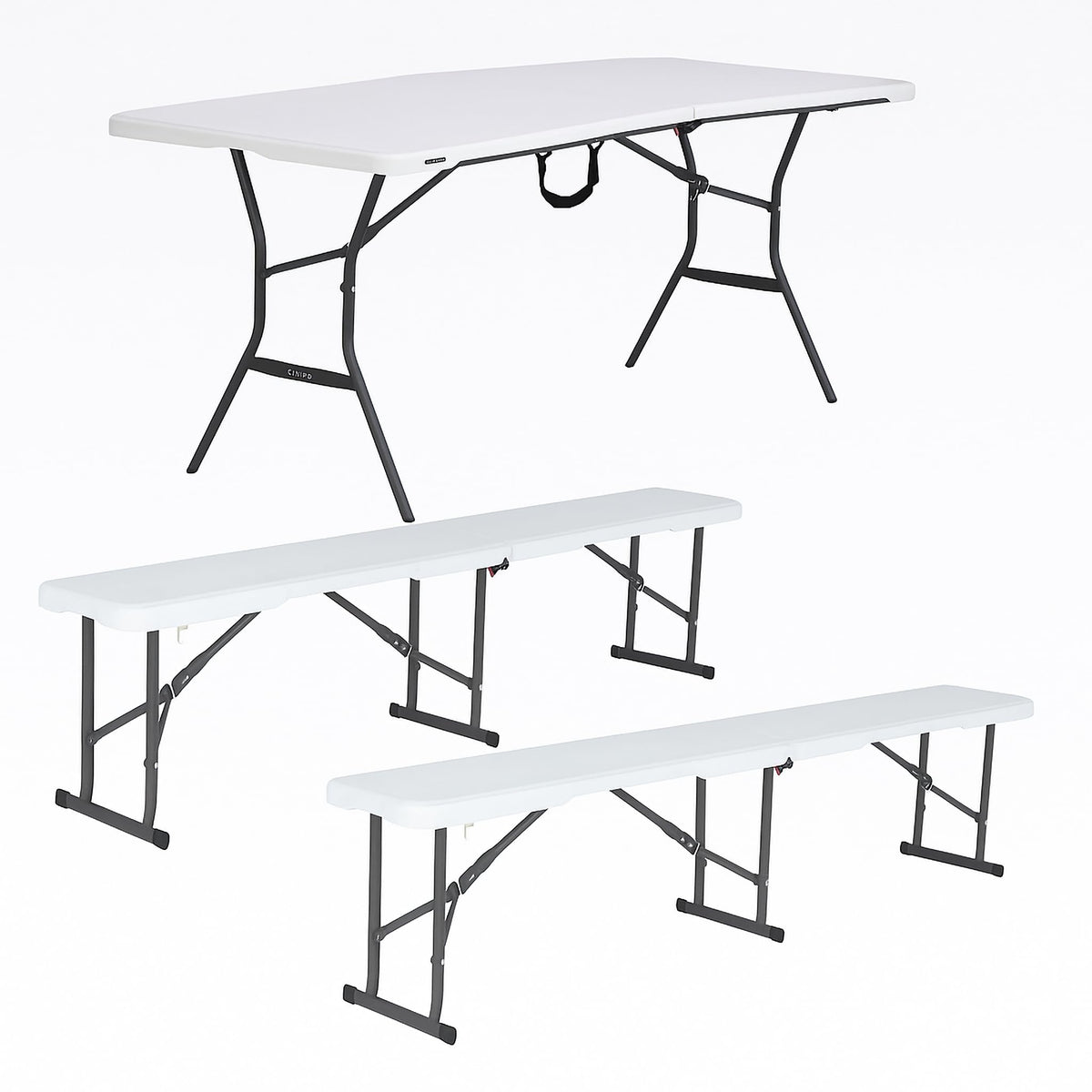White Granite Fold-in-Half Table with 2 Folding Benches K636