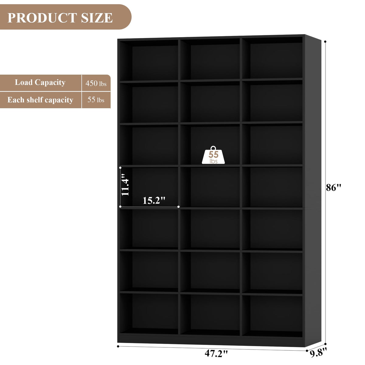 86" Triple Wide Black Bookshelf and Bookcase G14024