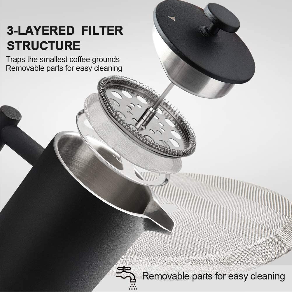 French Press Coffee Maker, 304 Grade Stainless Steel Insulated, 34oz, Black U883