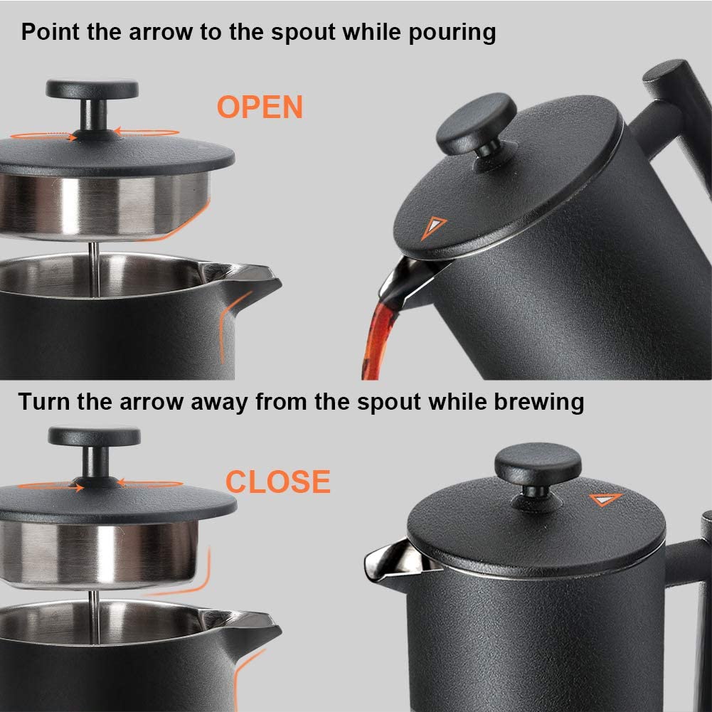 French Press Coffee Maker, 304 Grade Stainless Steel Insulated, 34oz, Black U883