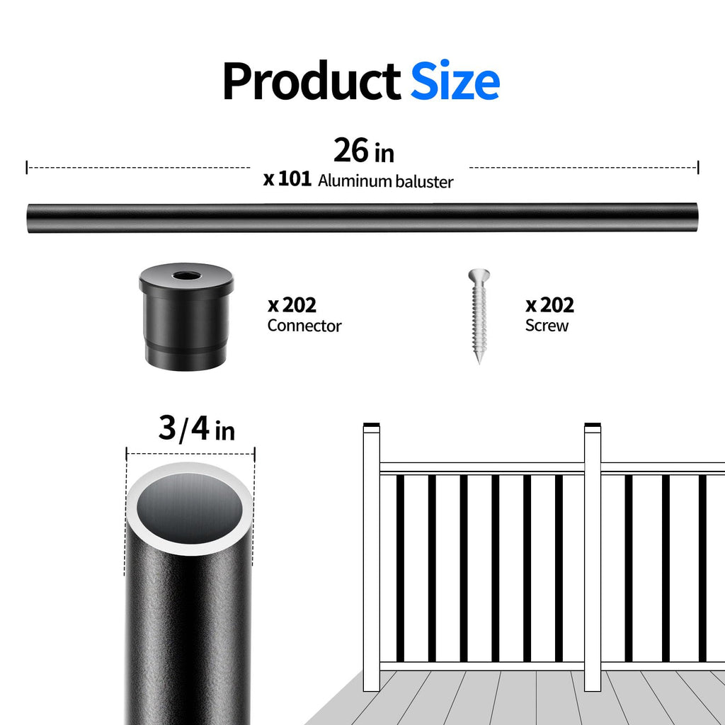 101 Pack 26" x 3/4" Black Round Aluminum Balusters C6969