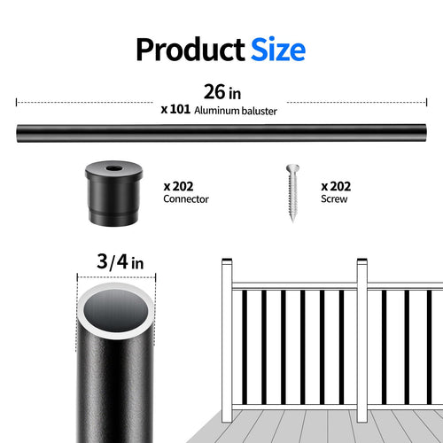 101 Pack 26" x 3/4" Black Round Aluminum Balusters C6969
