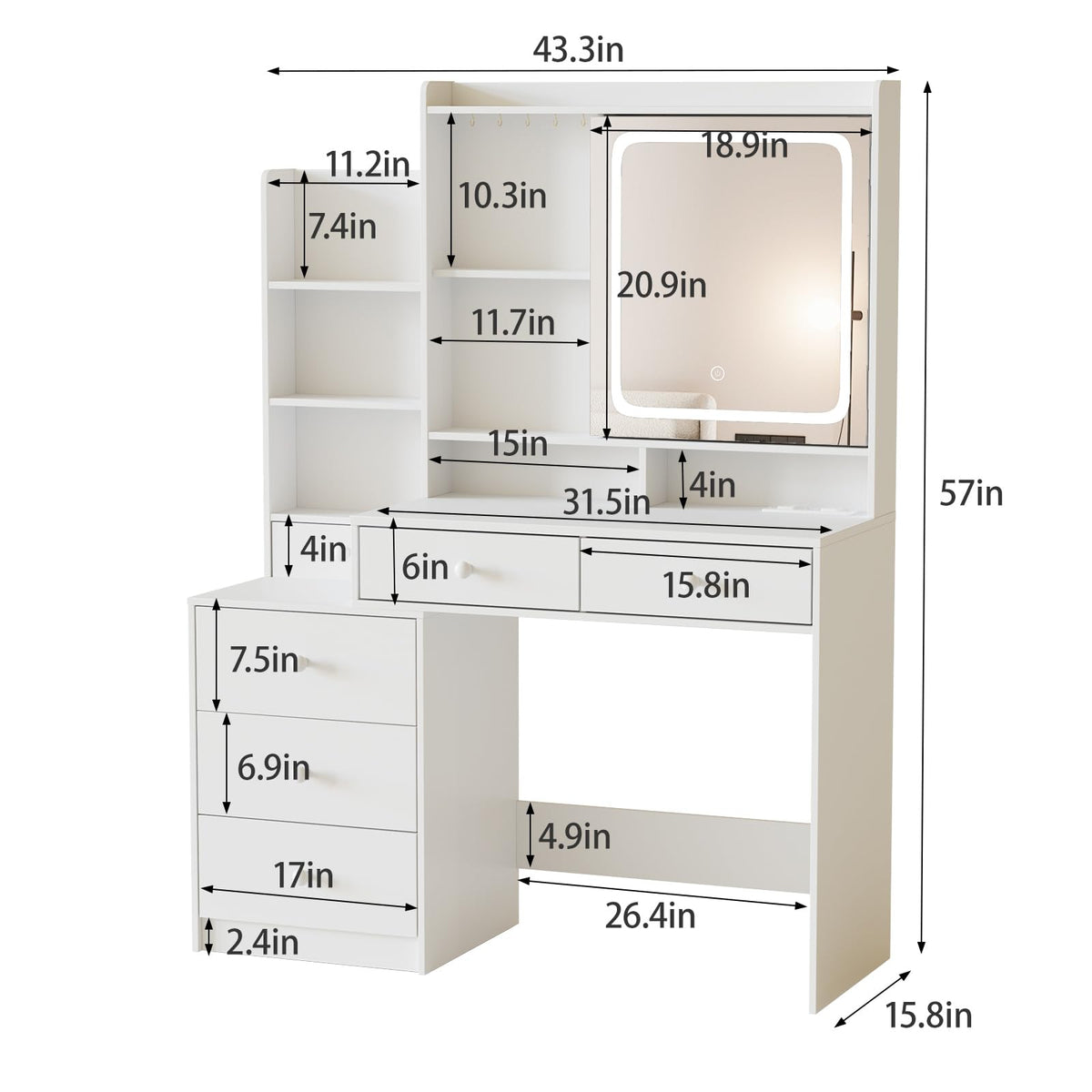 White Vanity Desk with Lighted Mirror and 6 Drawers R60334