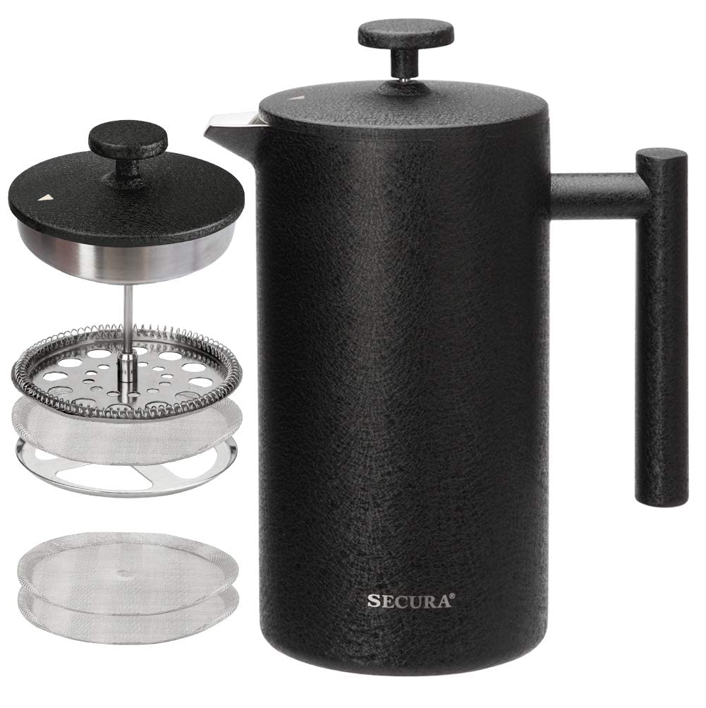 French Press Coffee Maker, 304 Grade Stainless Steel Insulated, 34oz, Black U883