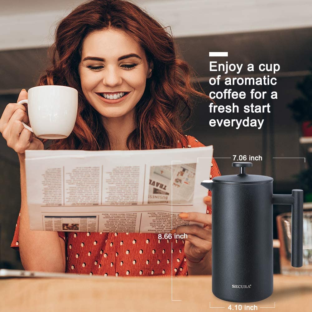 French Press Coffee Maker, 304 Grade Stainless Steel Insulated, 34oz, Black U883