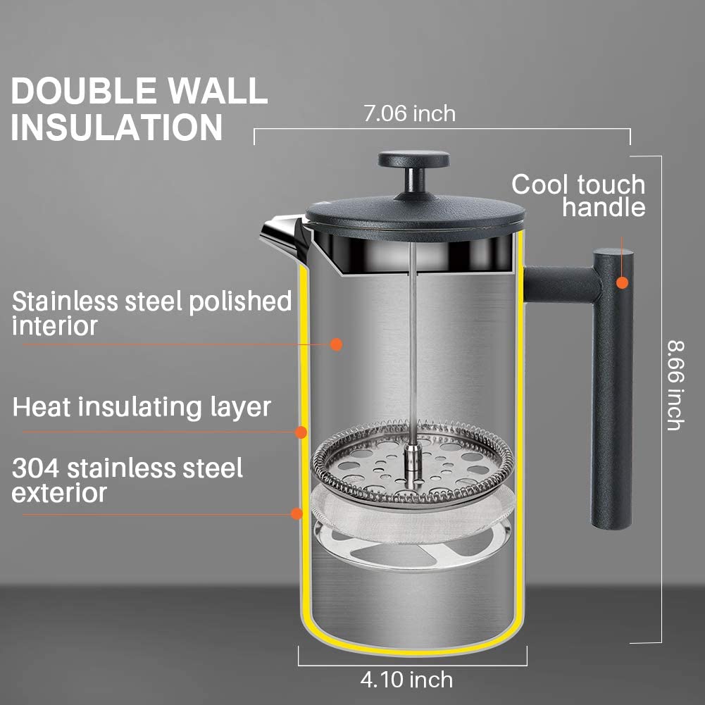 French Press Coffee Maker, 304 Grade Stainless Steel Insulated, 34oz, Black U883