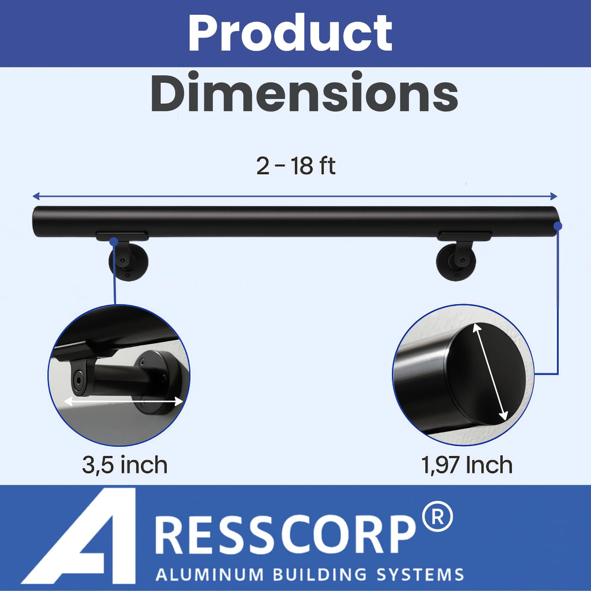 6FT Aluminum Handrail Kit Matte Black W810