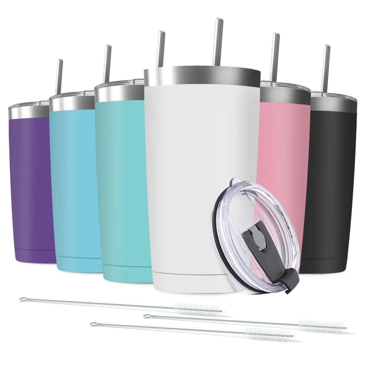 6 Pack 20 oz Stainless Steel Insulated Tumbler with Straw and Lid L77588