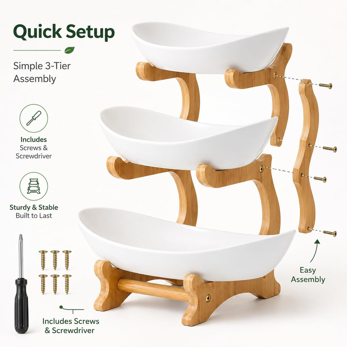 3-Tier Plastic Fruit Bowl Basket with Bamboo Stand L709