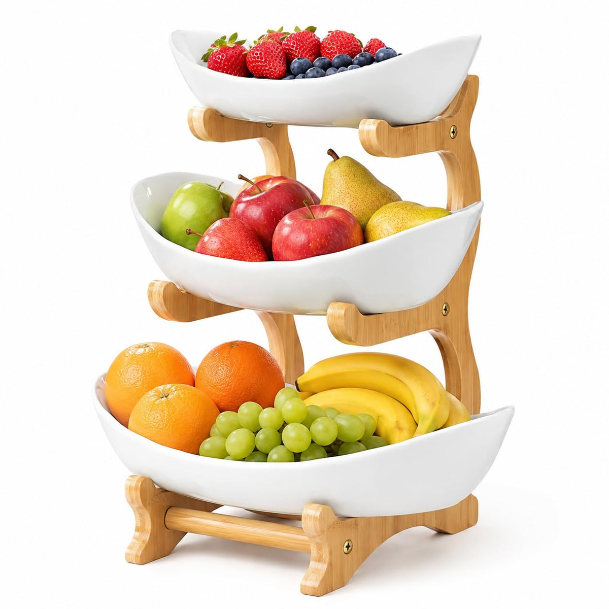 3-Tier Plastic Fruit Bowl Basket with Bamboo Stand L709
