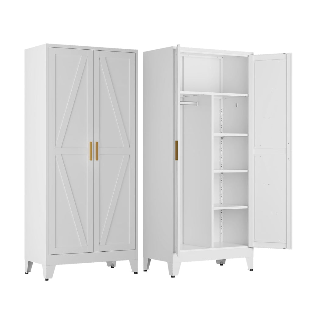 Metal Wardrobe Closet with Doors, 71'' Tall Steel Armoire with Shelves M96186