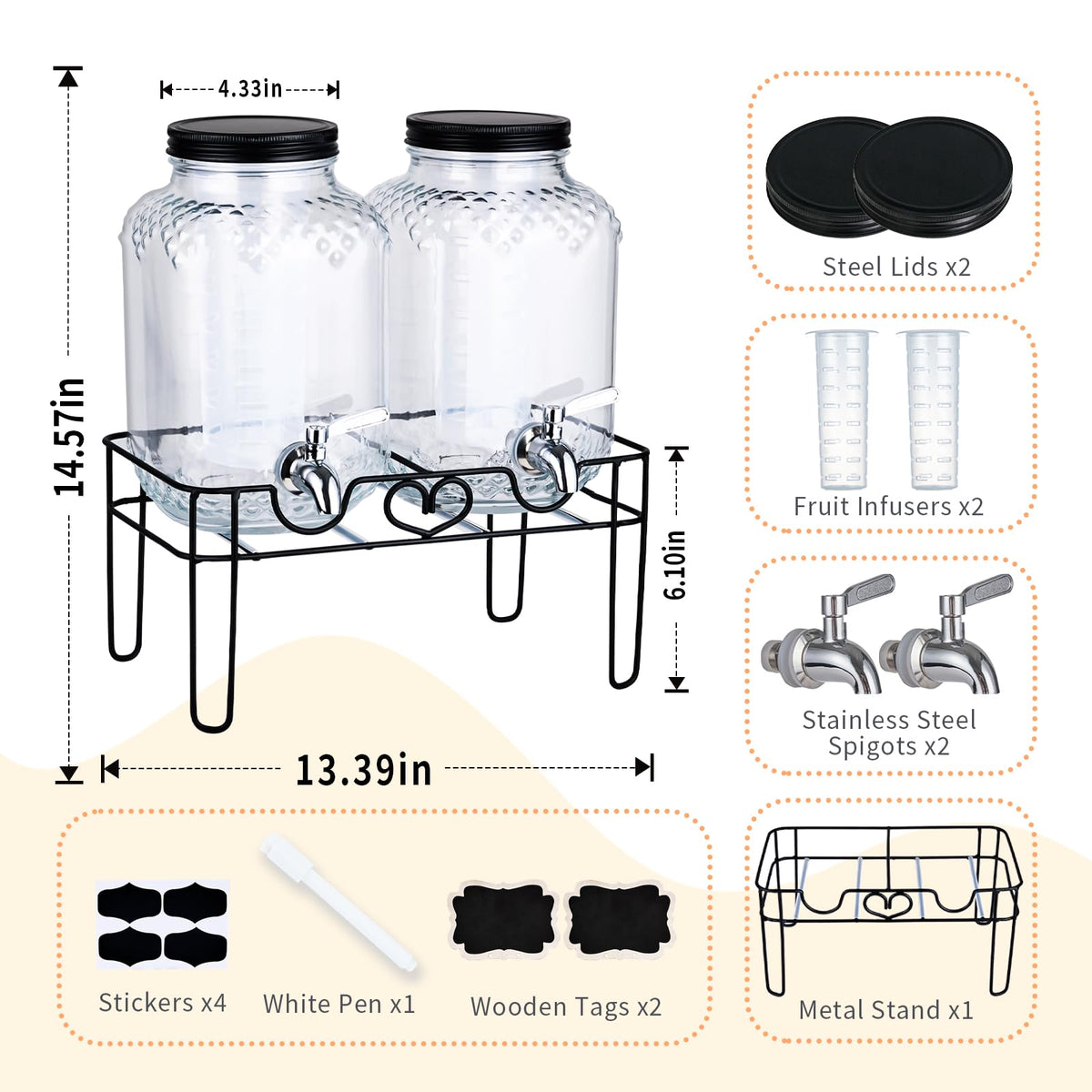 1 Gallon Glass Beverage Dispenser with Stand and Fruit Infuser V5020