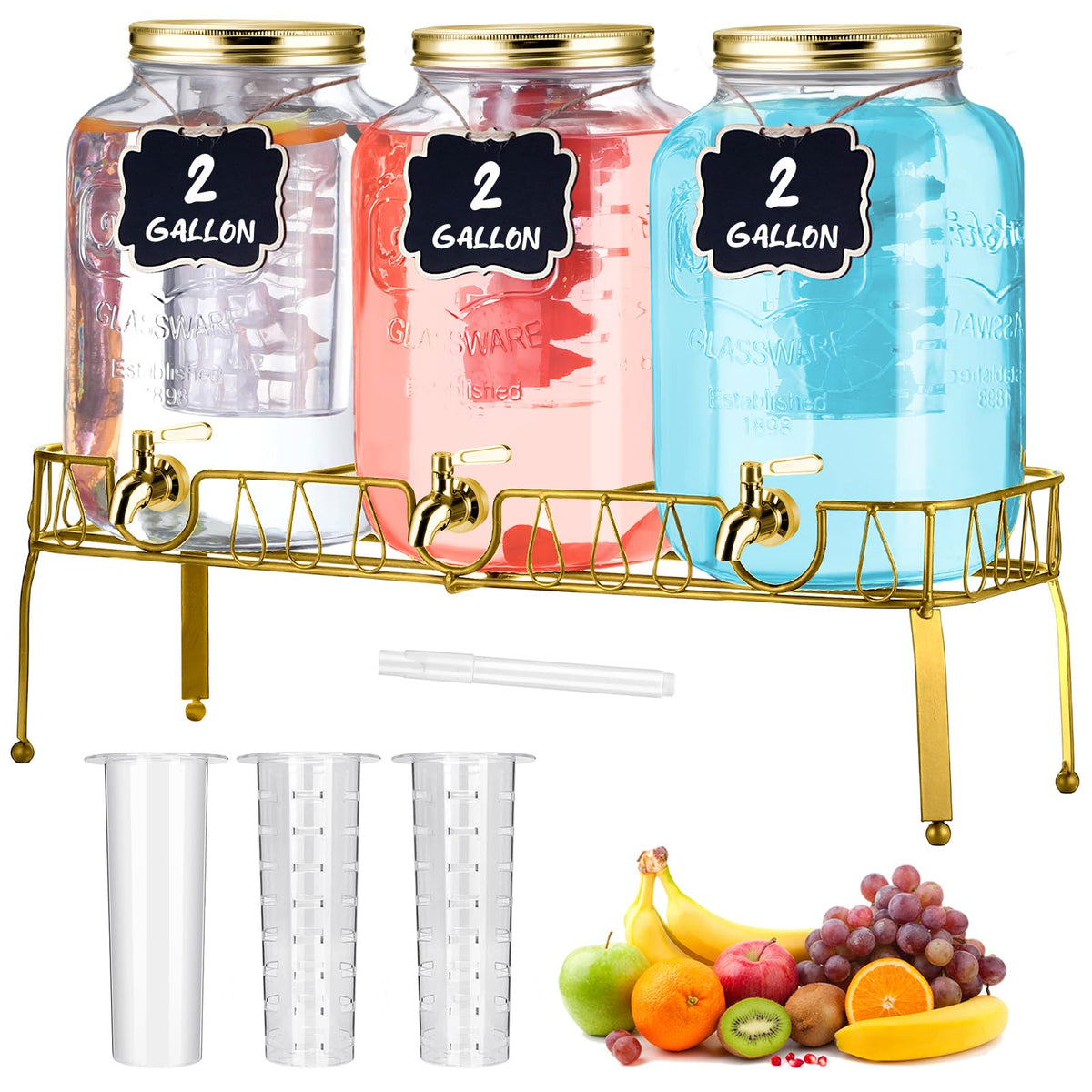 3 Pcs 2 Gallon Glass Drink Dispenser with Stand and Lid Y933