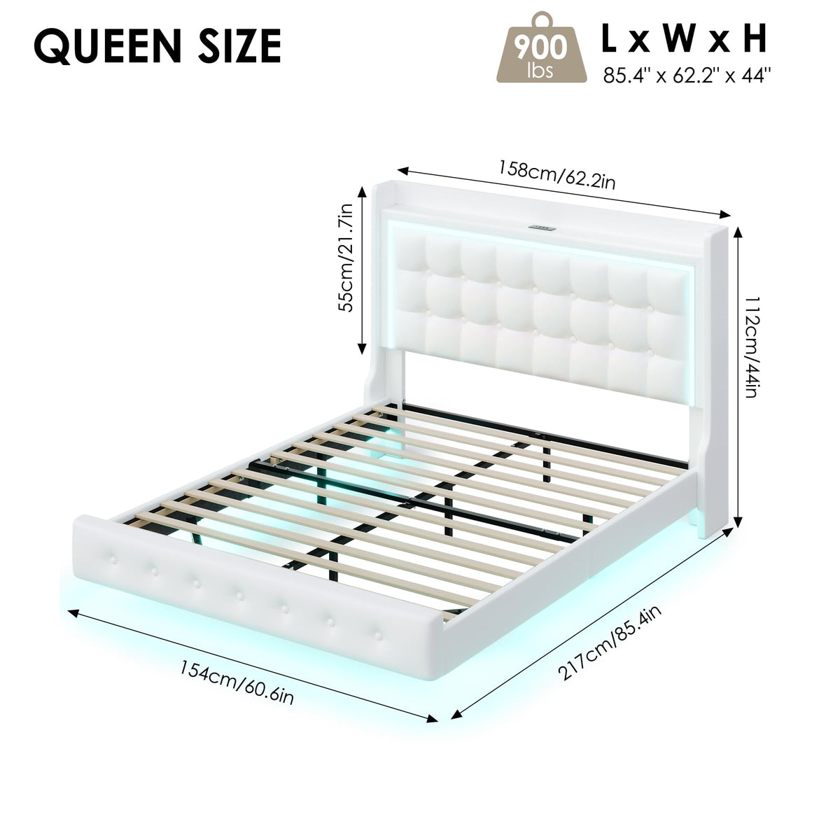 Queen Floating Bed Frame with Storage Headboard, LED Lights & Charging Station E827049