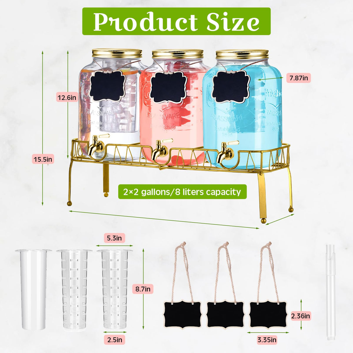 3 Pcs 2 Gallon Glass Drink Dispenser with Stand and Lid Y933