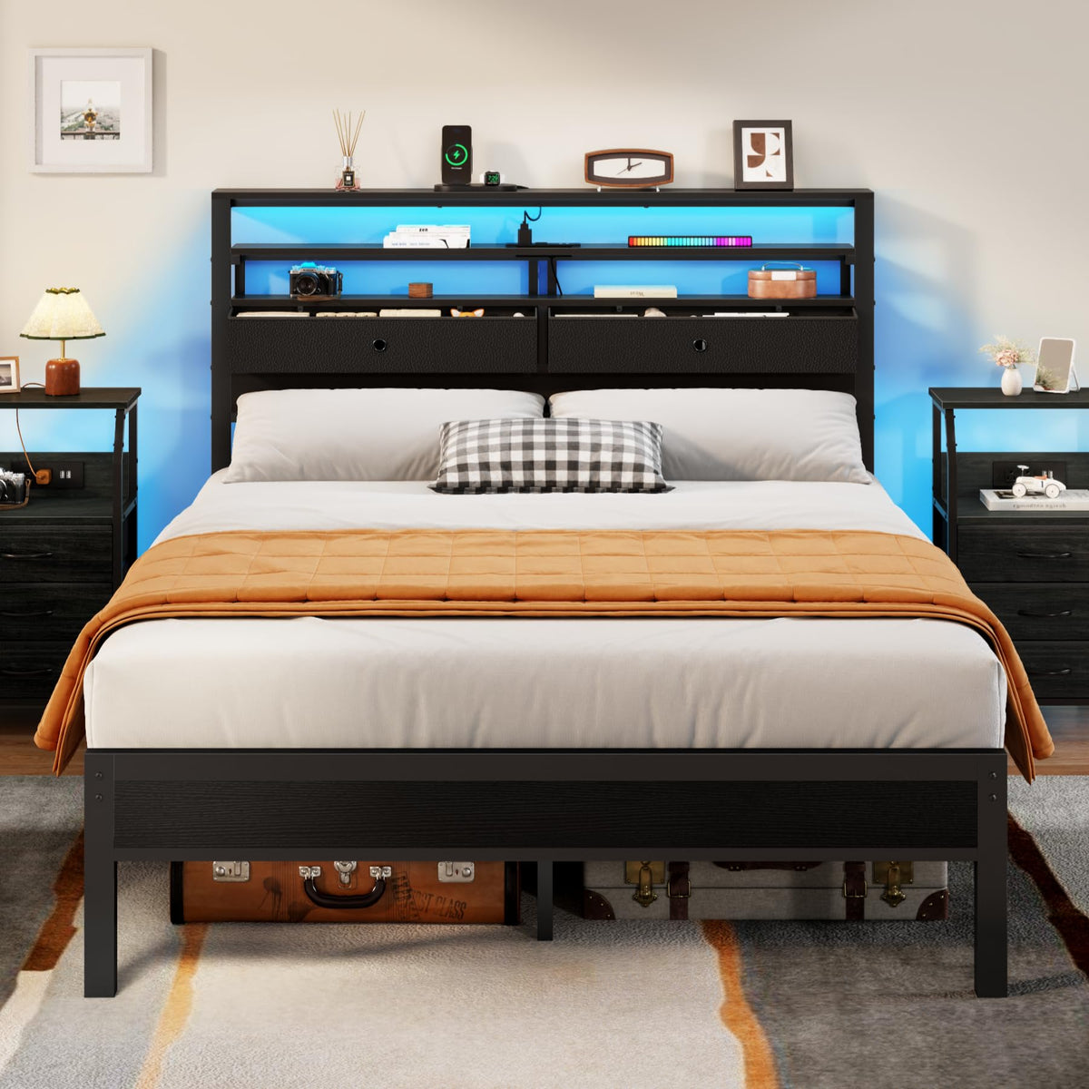 Full Size Bed Frame with Headboard & 2 Fabric Drawers V4945