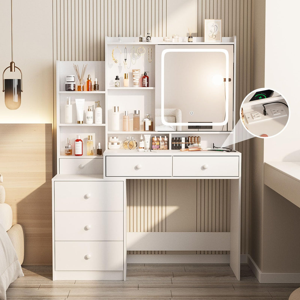 White Vanity Desk with Lighted Mirror and 6 Drawers R60334