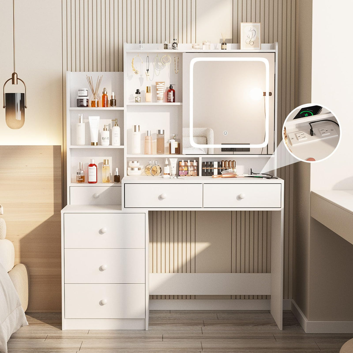 White Vanity Desk with Lighted Mirror and 6 Drawers R60334