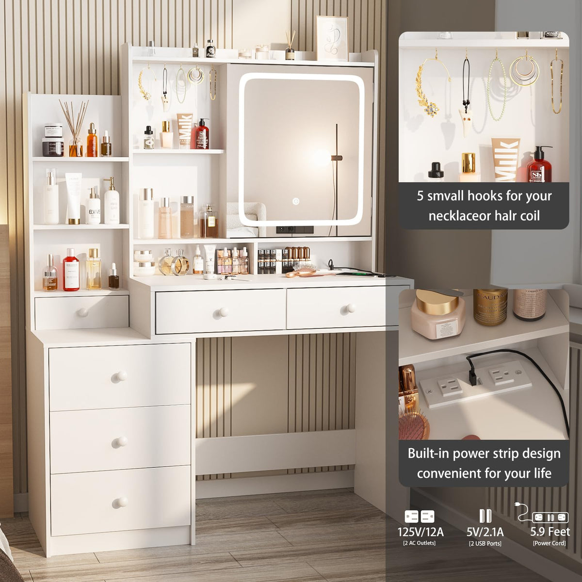 White Vanity Desk with Lighted Mirror and 6 Drawers R60334