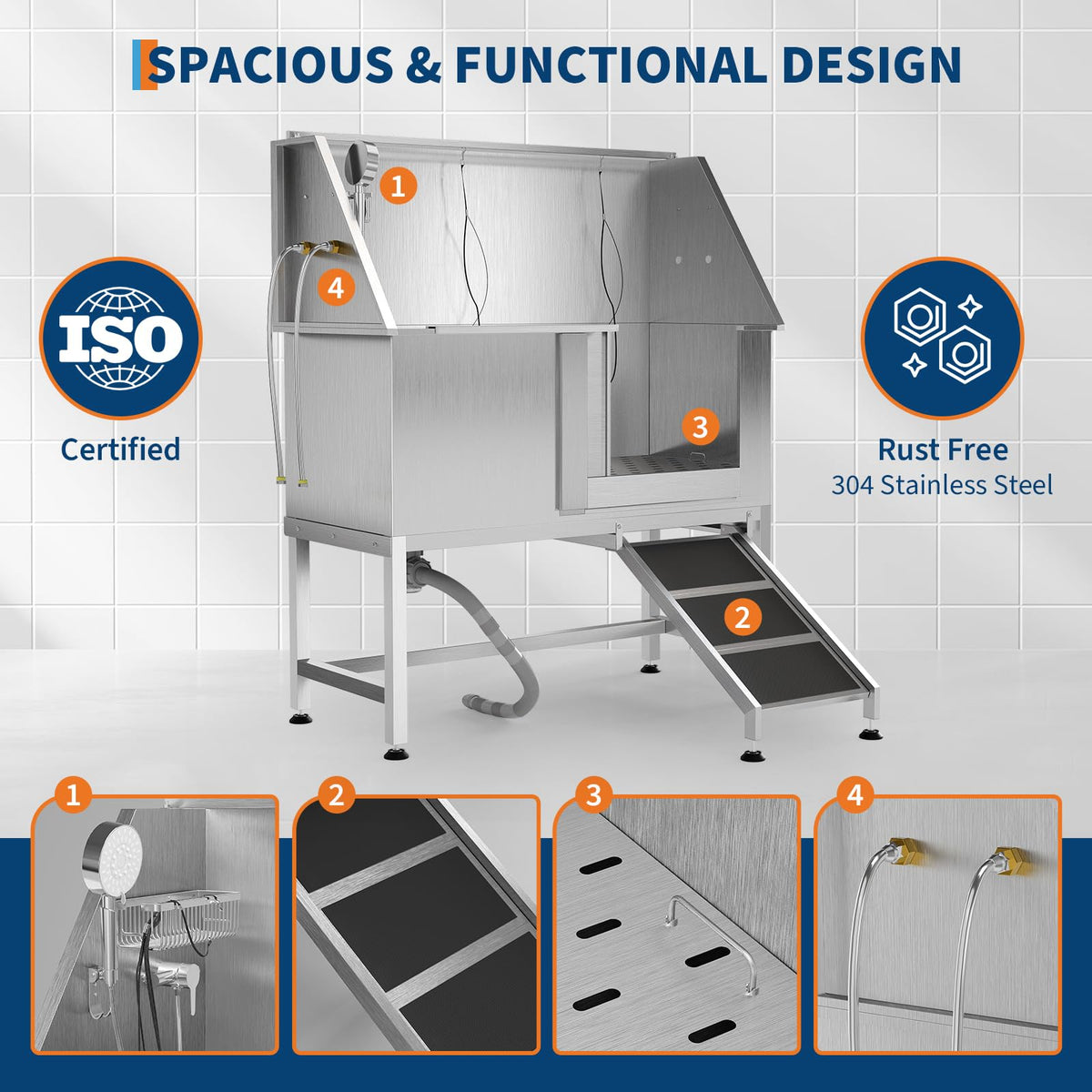 50 Inch Stainless Steel Dog Washing Station with Non-Slip Ramp W805