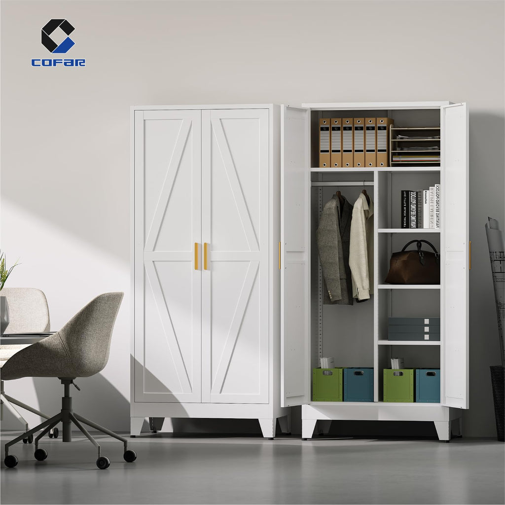 Metal Wardrobe Closet with Doors, 71'' Tall Steel Armoire with Shelves M96186