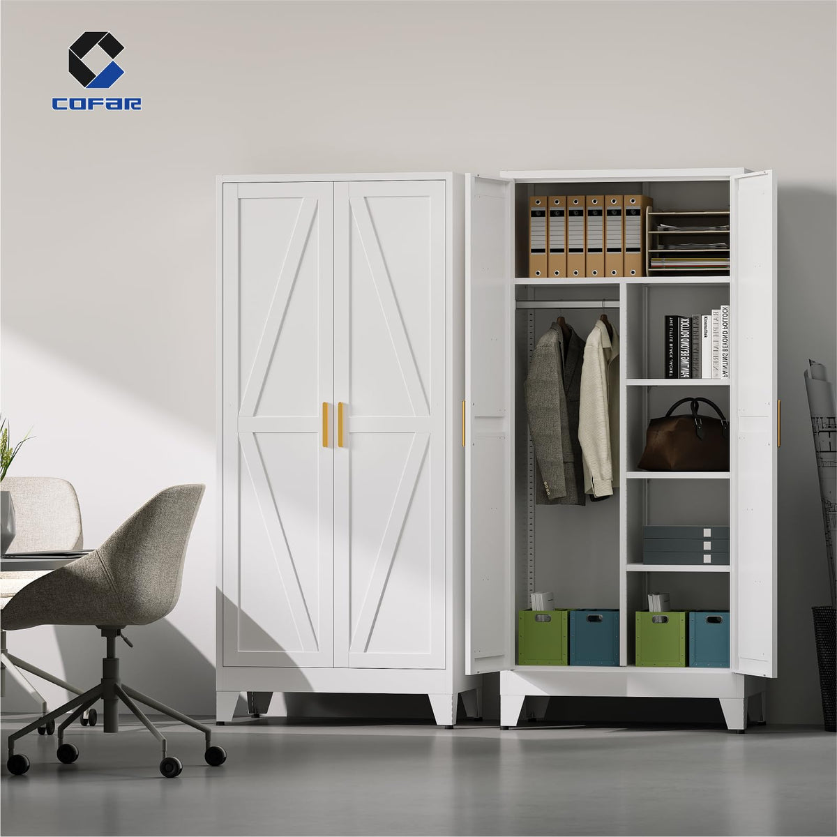 Metal Wardrobe Closet with Doors, 71'' Tall Steel Armoire with Shelves M96186