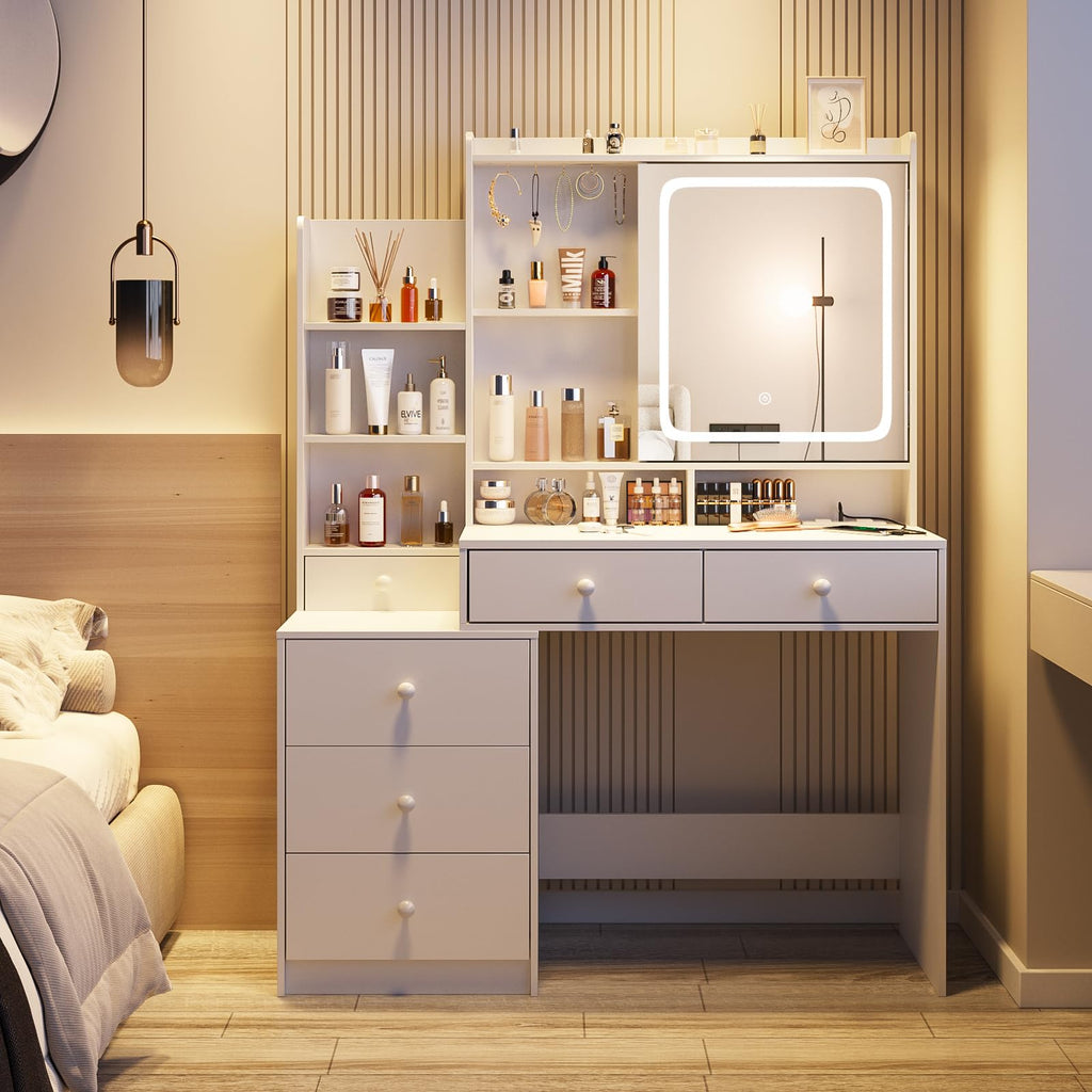White Vanity Desk with Lighted Mirror and 6 Drawers R60334