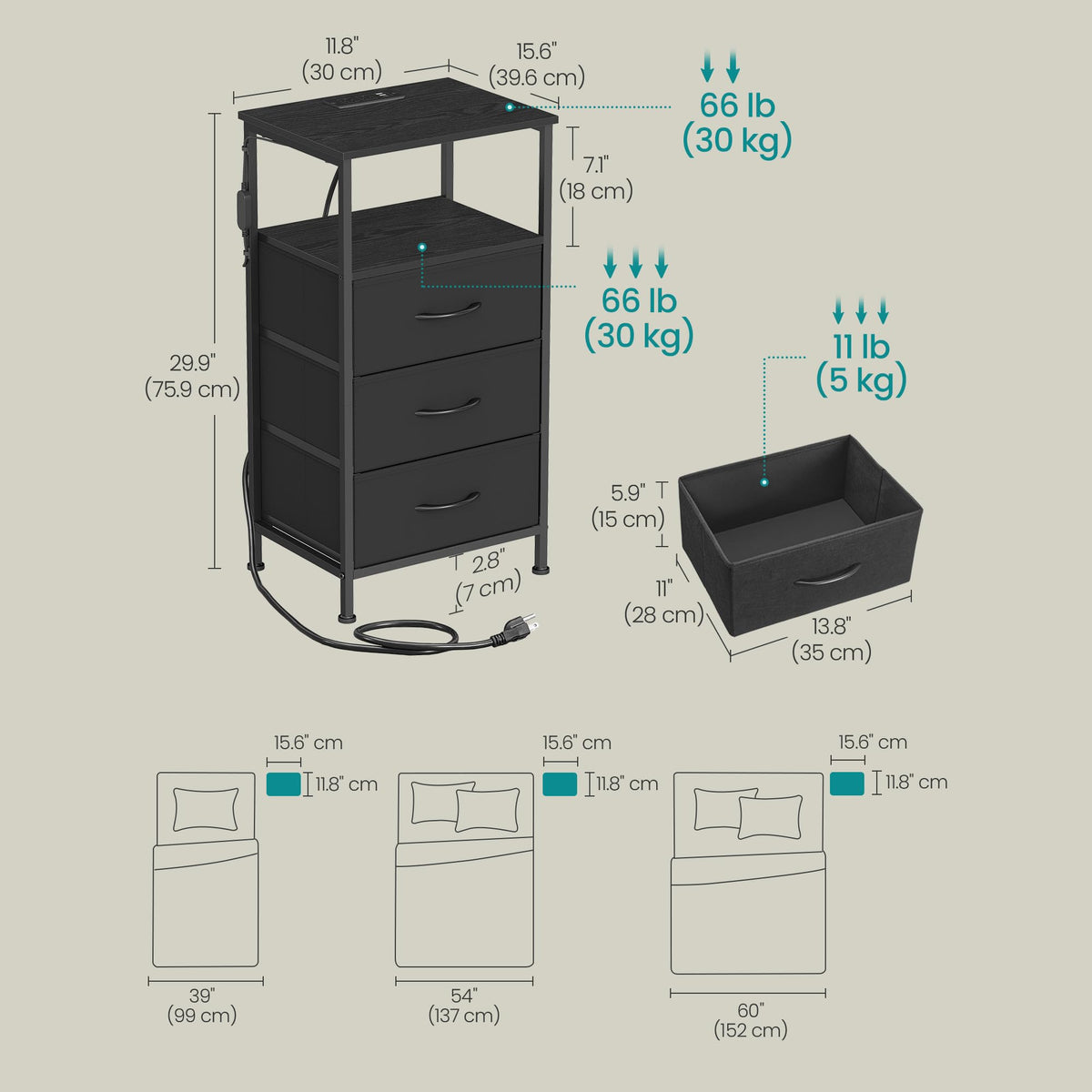 Nightstand with Charging Station, 3 Fabric Drawers J8109