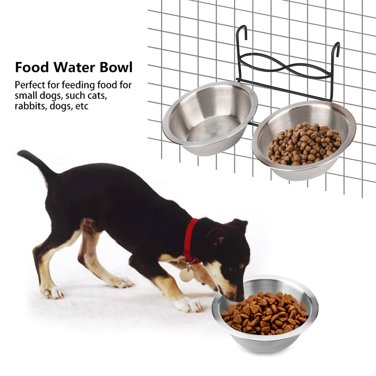 Stainless Steel Hanging Pet Bowls, 2 Bowls 1 Hook T77012