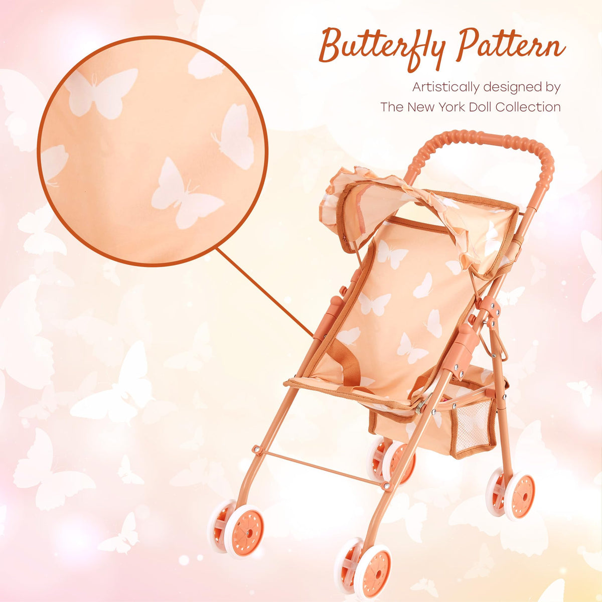 Baby Doll Stroller with Storage Basket, Foldable Frame, Canopy, Seatbelt I82227