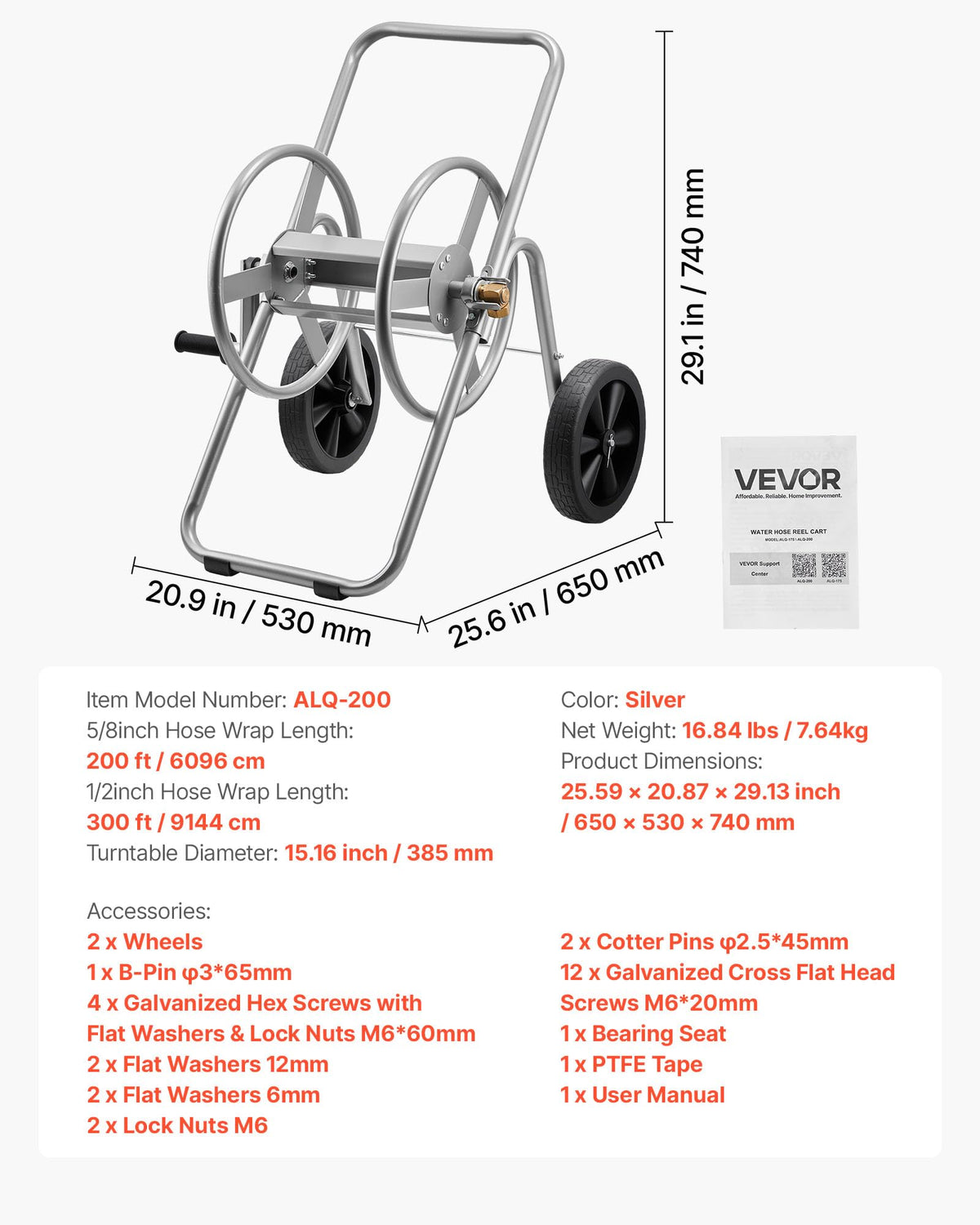 200/300 ft Garden Hose Reel Cart with Two Wheels T988