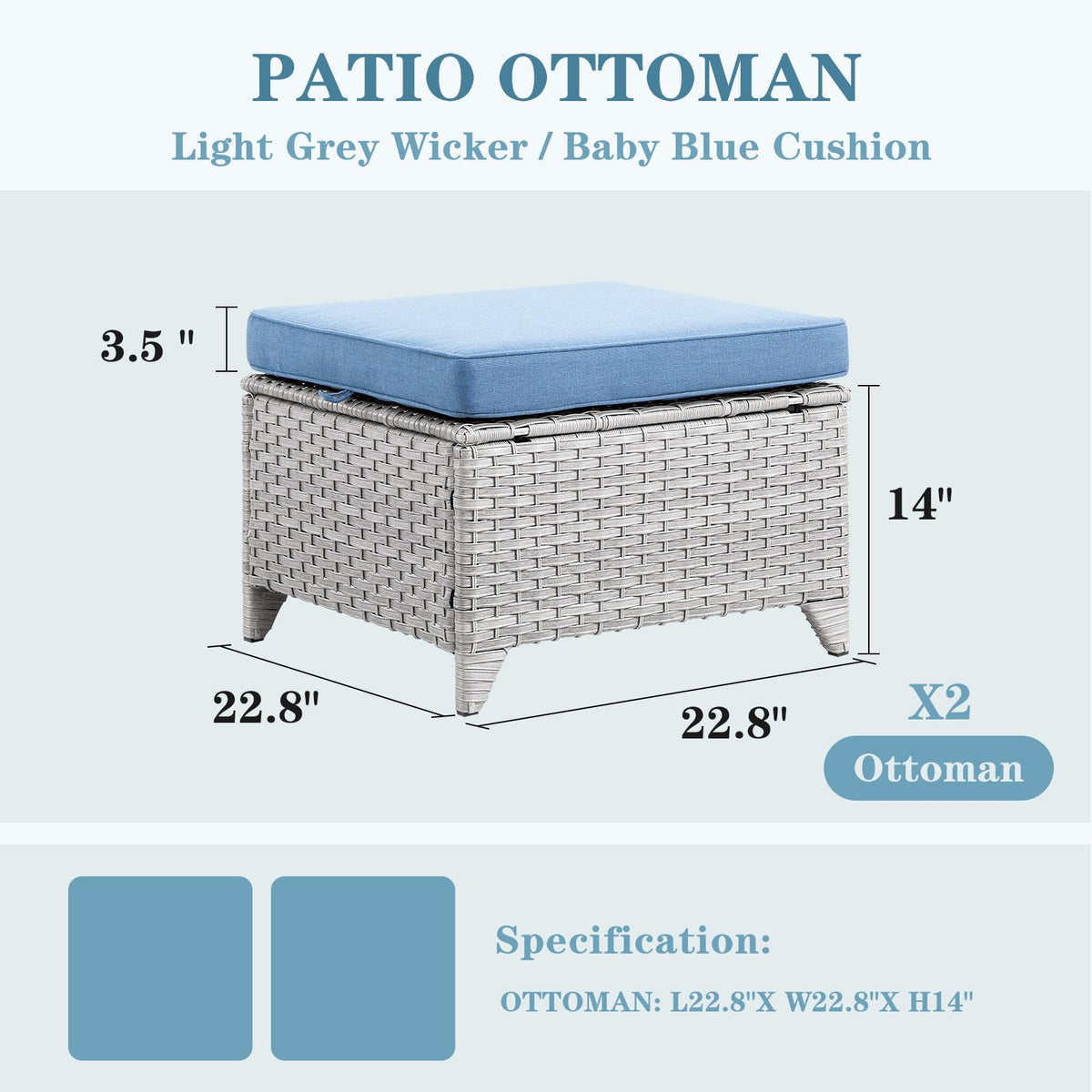 Wicker Outdoor Ottomans Set of 2 Handwoven Rattan Footstools with Removable Cushions A5601