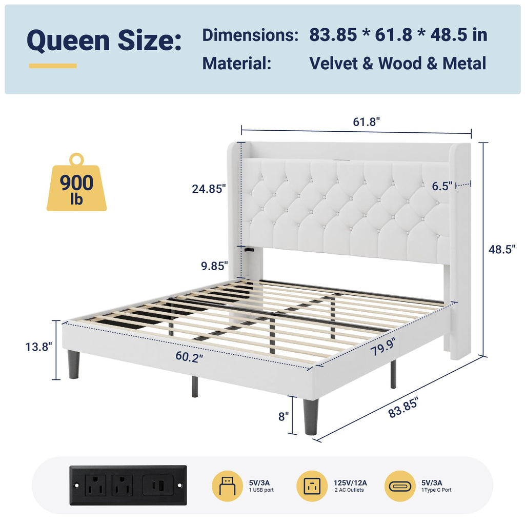 Queen Bed Frame with Storage Headboard and Charging Station L9518