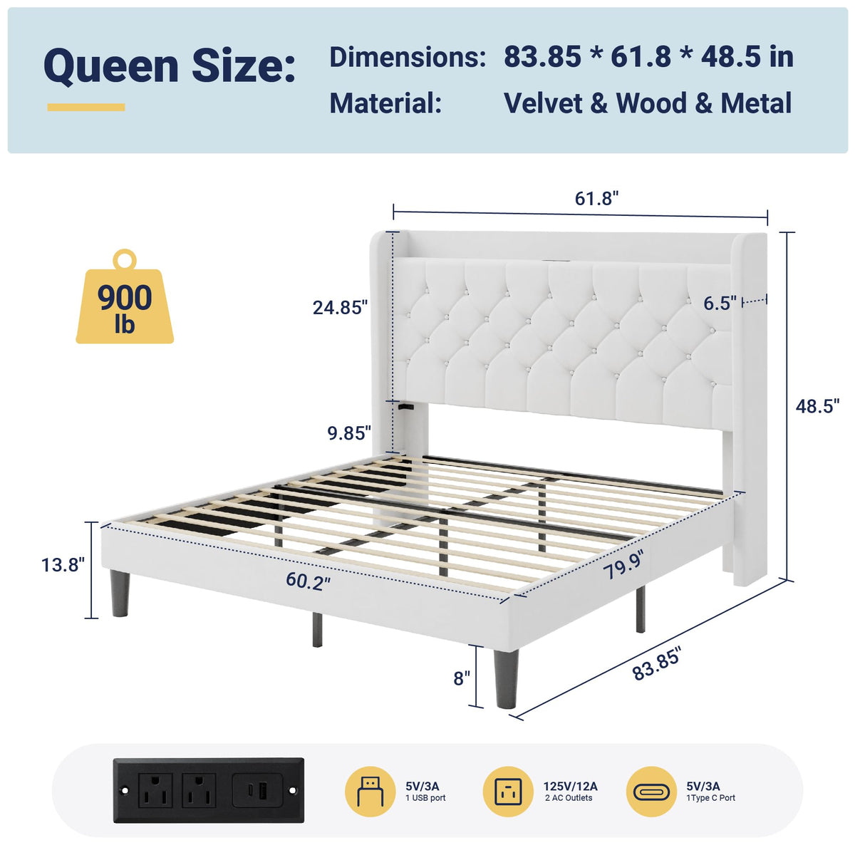 Queen Bed Frame with Storage Headboard and Charging Station L9518