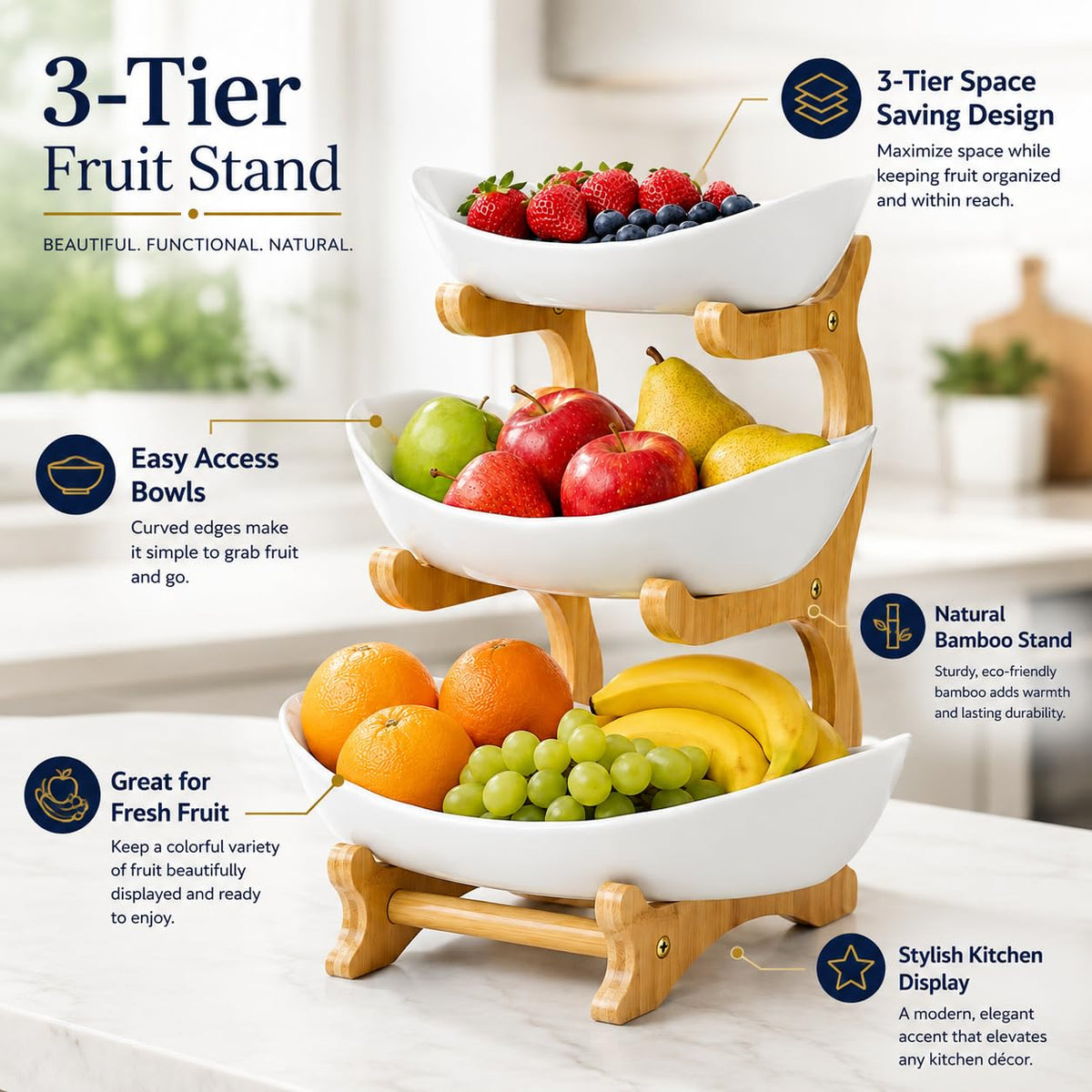3-Tier Plastic Fruit Bowl Basket with Bamboo Stand L709