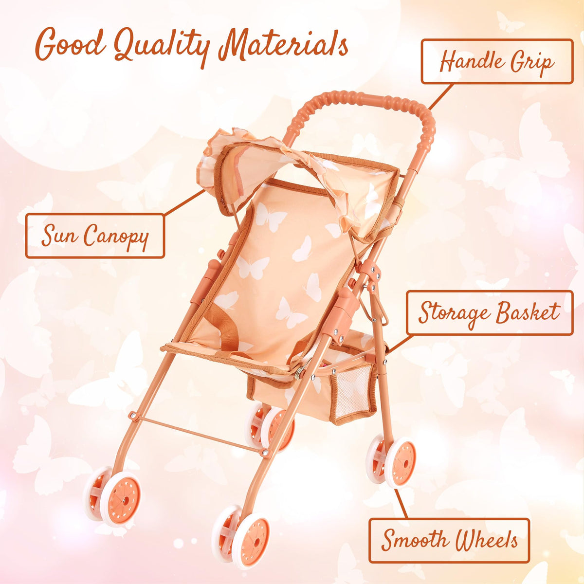 Baby Doll Stroller with Storage Basket, Foldable Frame, Canopy, Seatbelt I82227