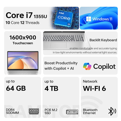 17.3" HD+ Touchscreen Laptop, Intel Core i7, 16GB RAM, 512GB SSD, Silver Z3362