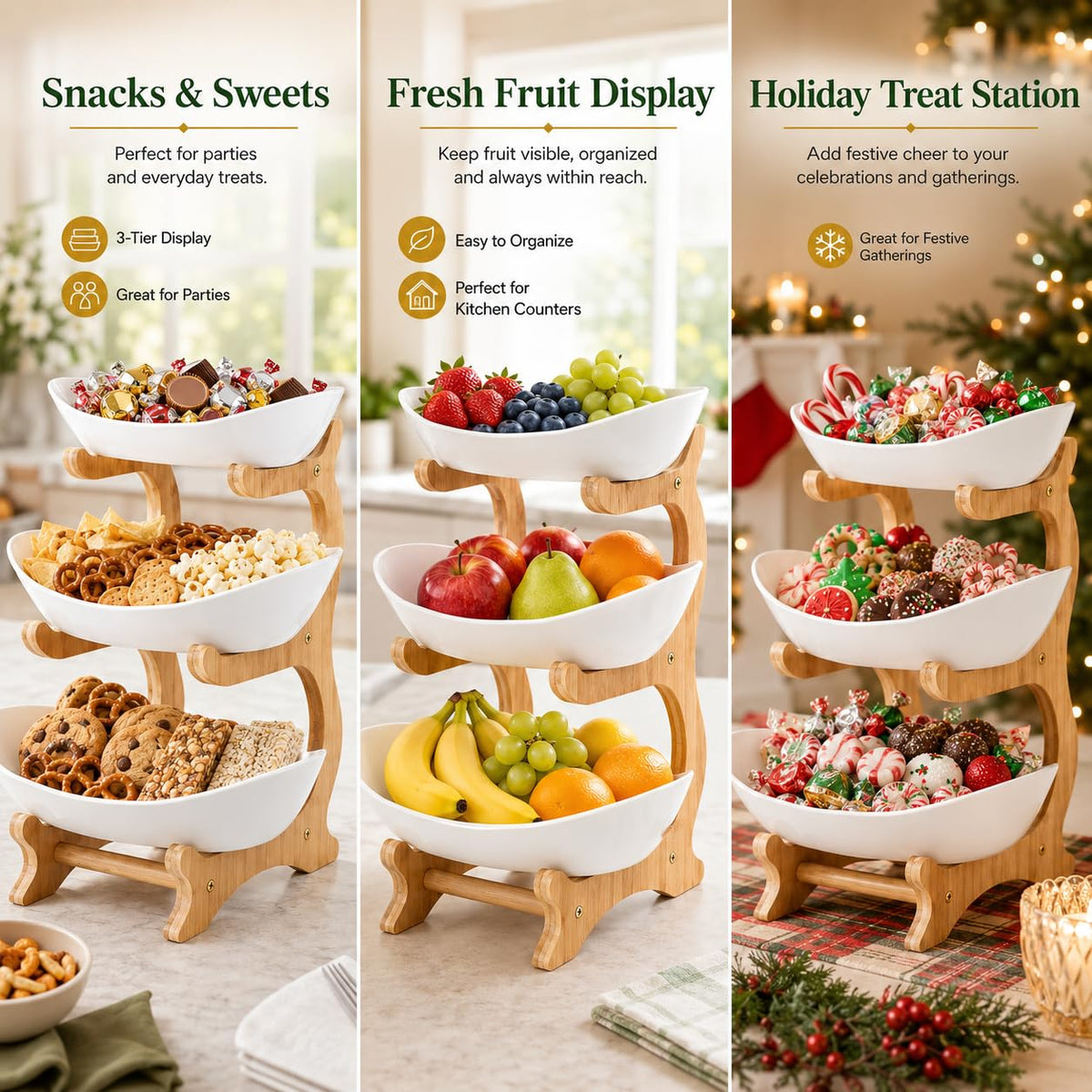 3-Tier Plastic Fruit Bowl Basket with Bamboo Stand L709