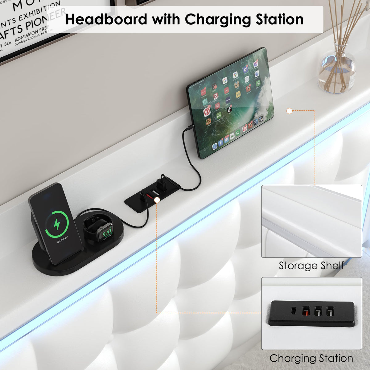 Queen Floating Bed Frame with Storage Headboard, LED Lights & Charging Station E827049