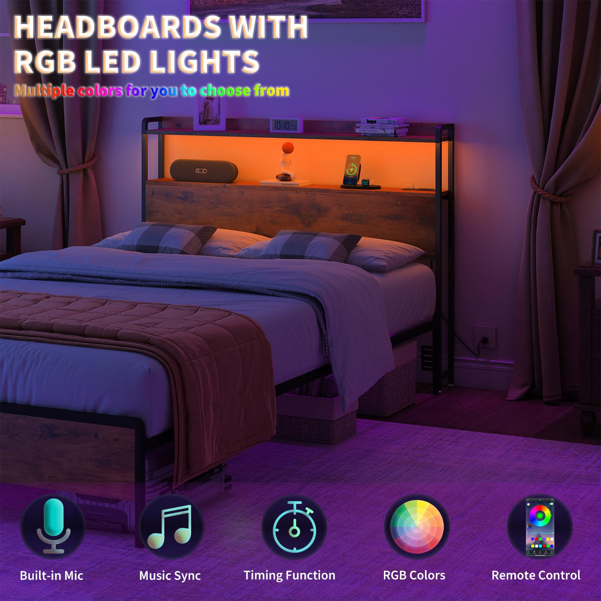 Adjustable Full Size Headboard with Outlets USB Ports Type-C LED Lights and Storage Rustic Brown R74357