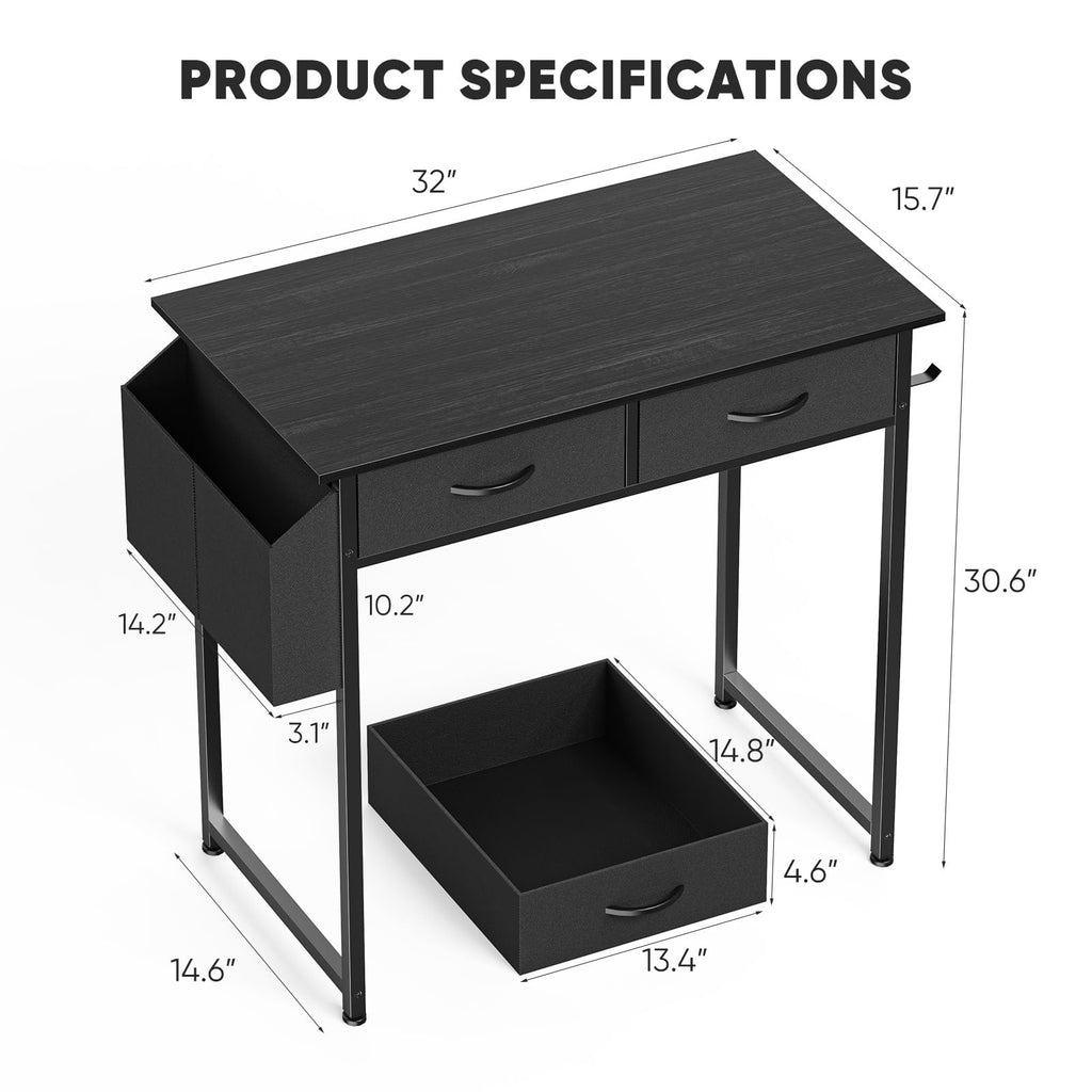 32" Black Computer Desk with Drawers Q884
