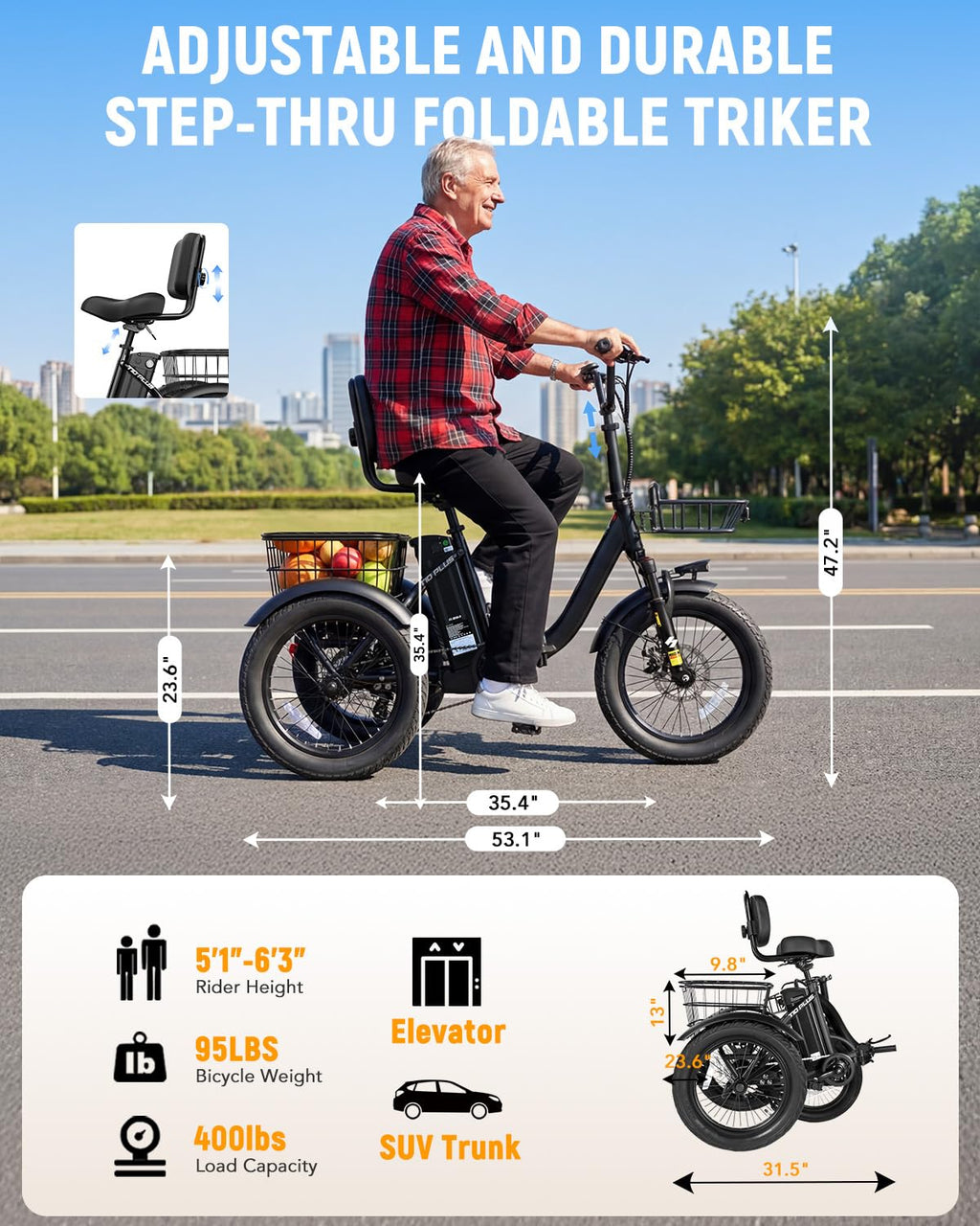 1200W Folding 3 Wheel Electric Trike Bike Y164430
