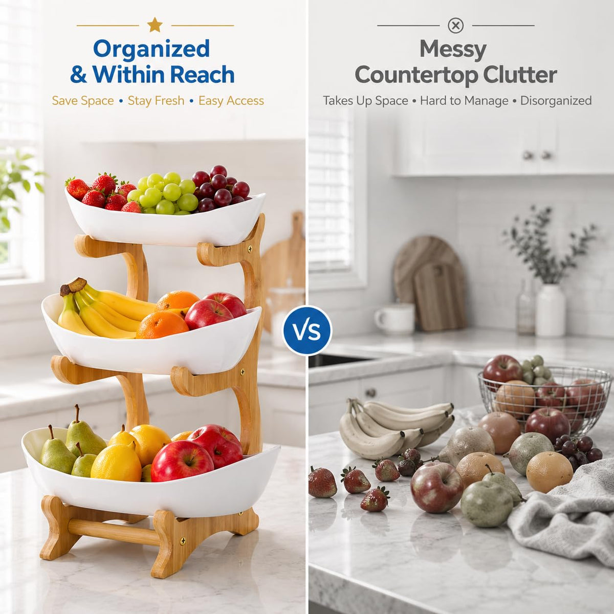 3-Tier Plastic Fruit Bowl Basket with Bamboo Stand L709