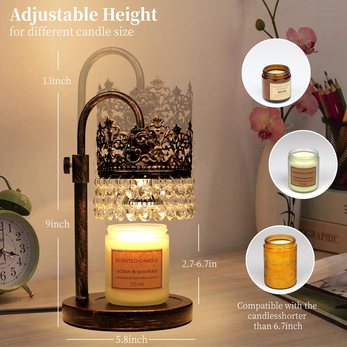 Candle Warmer Lamp with Timer Dimmer Adjustable Height Black Gold Brushed Y285577