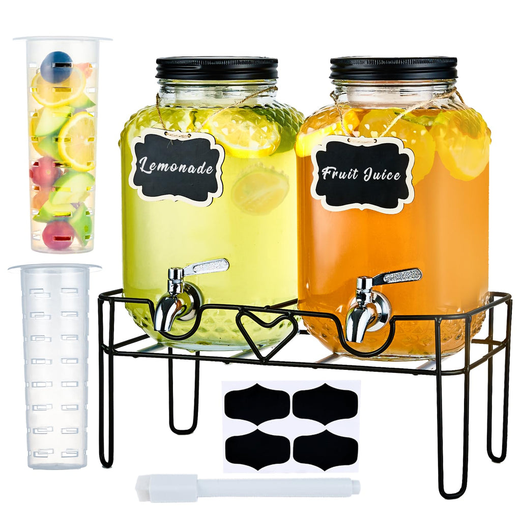 1 Gallon Glass Beverage Dispenser with Stand and Fruit Infuser V5020