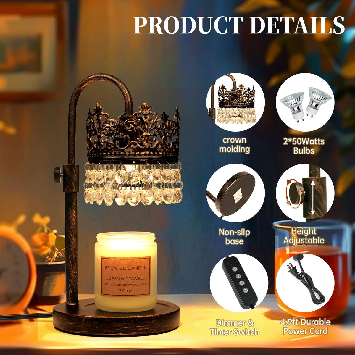 Candle Warmer Lamp with Timer Dimmer Adjustable Height Black Gold Brushed Y285577