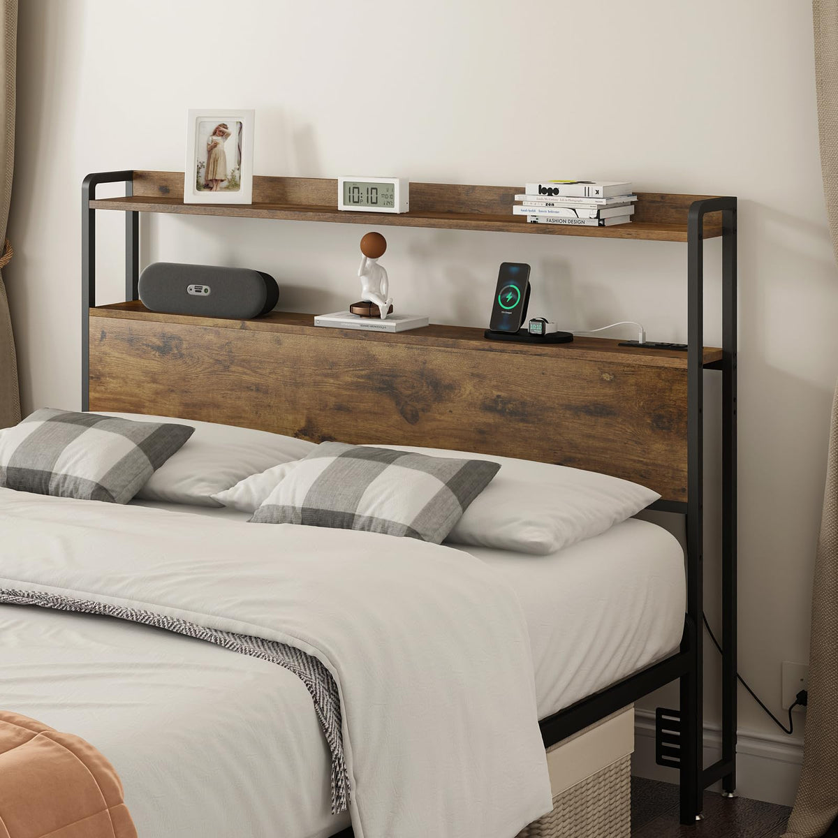 Adjustable Full Size Headboard with Outlets USB Ports Type-C LED Lights and Storage Rustic Brown R74357