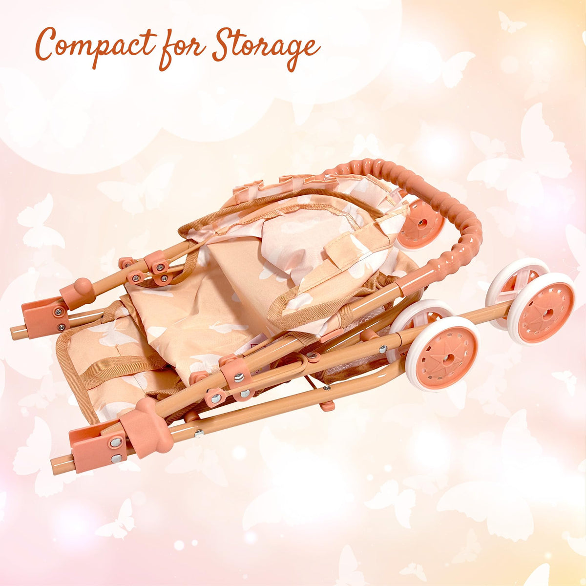 Baby Doll Stroller with Storage Basket, Foldable Frame, Canopy, Seatbelt I82227